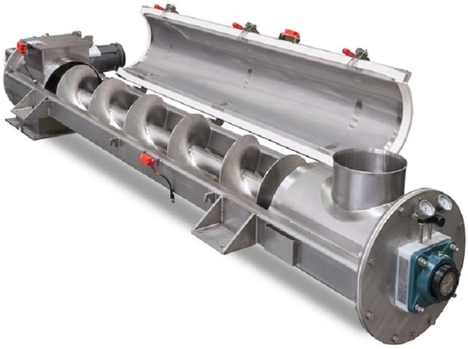 Stainless steel screw conveyor with an open hinged cover and inlet hopper