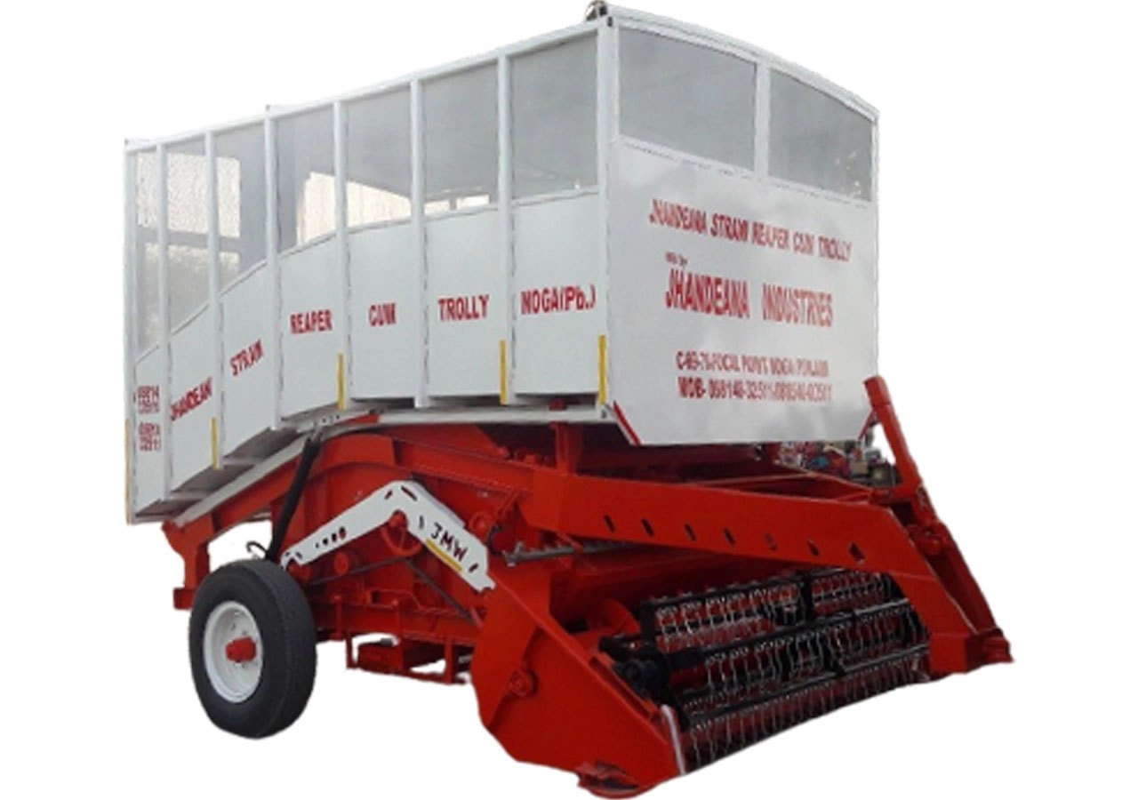 Jhandeana straw reaper cum trolley with a white collection body